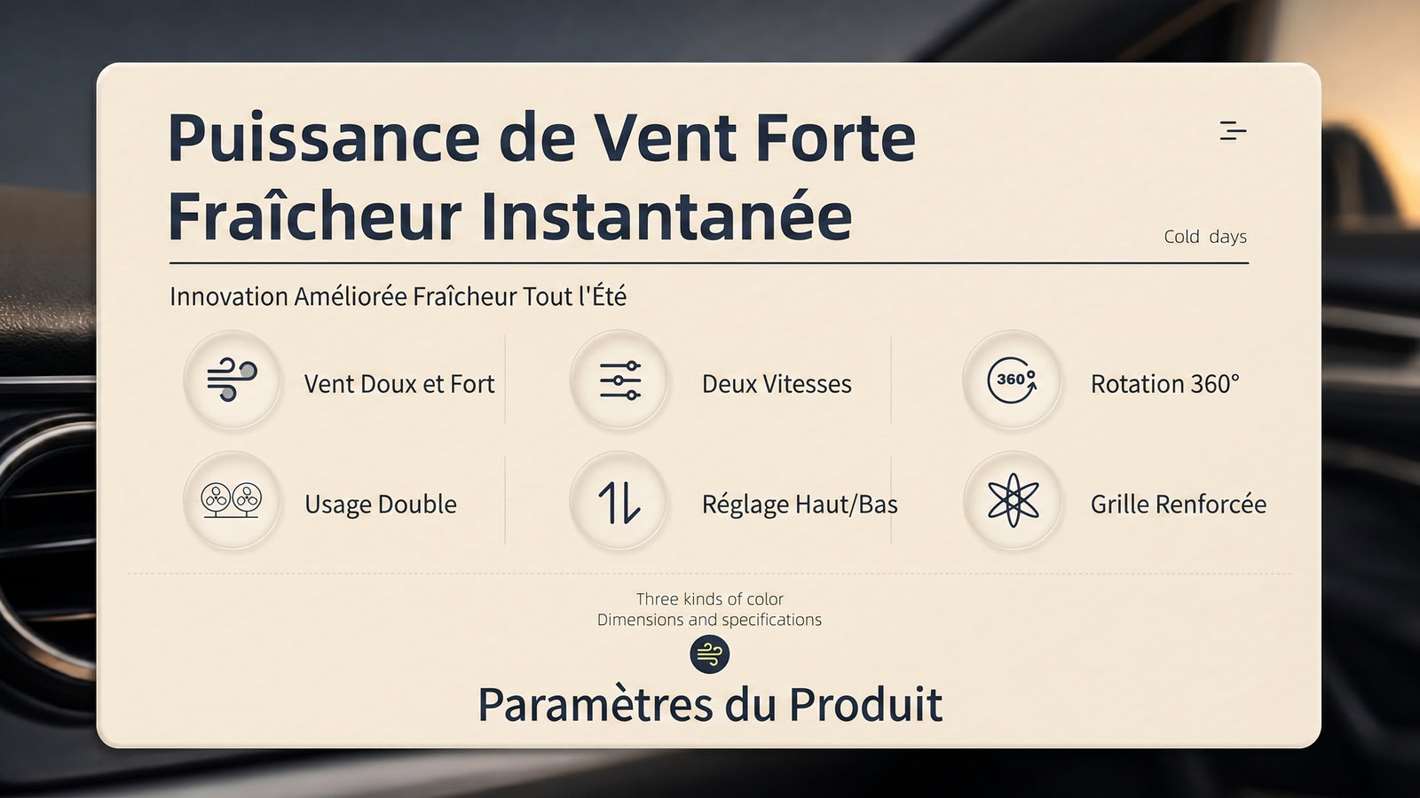 Ventilateur USB voiture silencieux refroidissement habitacle 360 - Detail fonctions produit