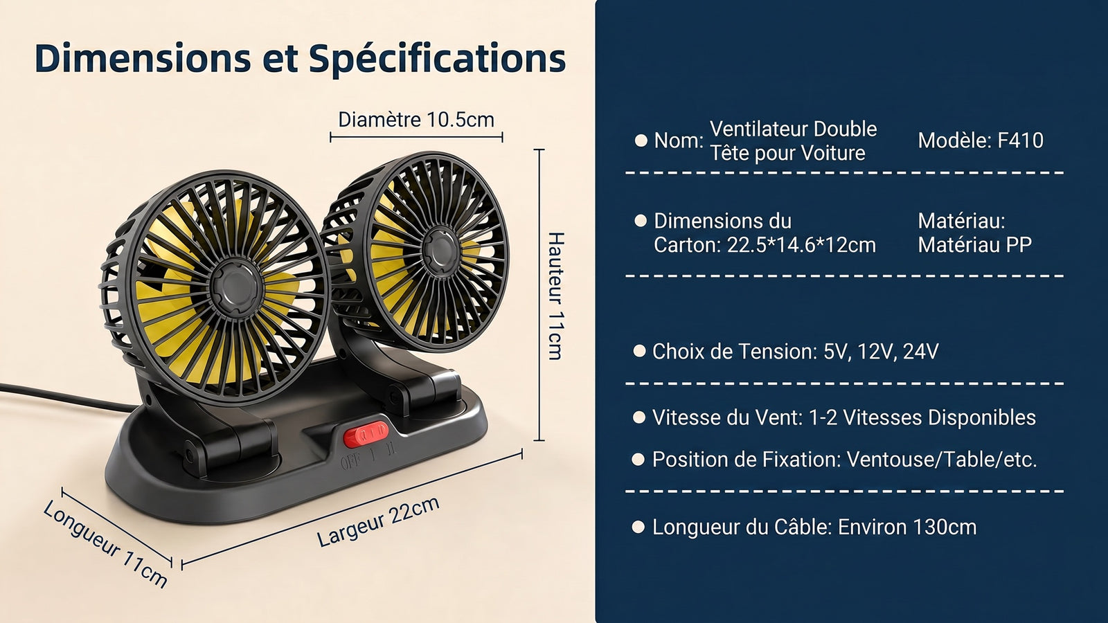 Ventilateur USB voiture silencieux refroidissement habitacle 360 - Detail dimensions