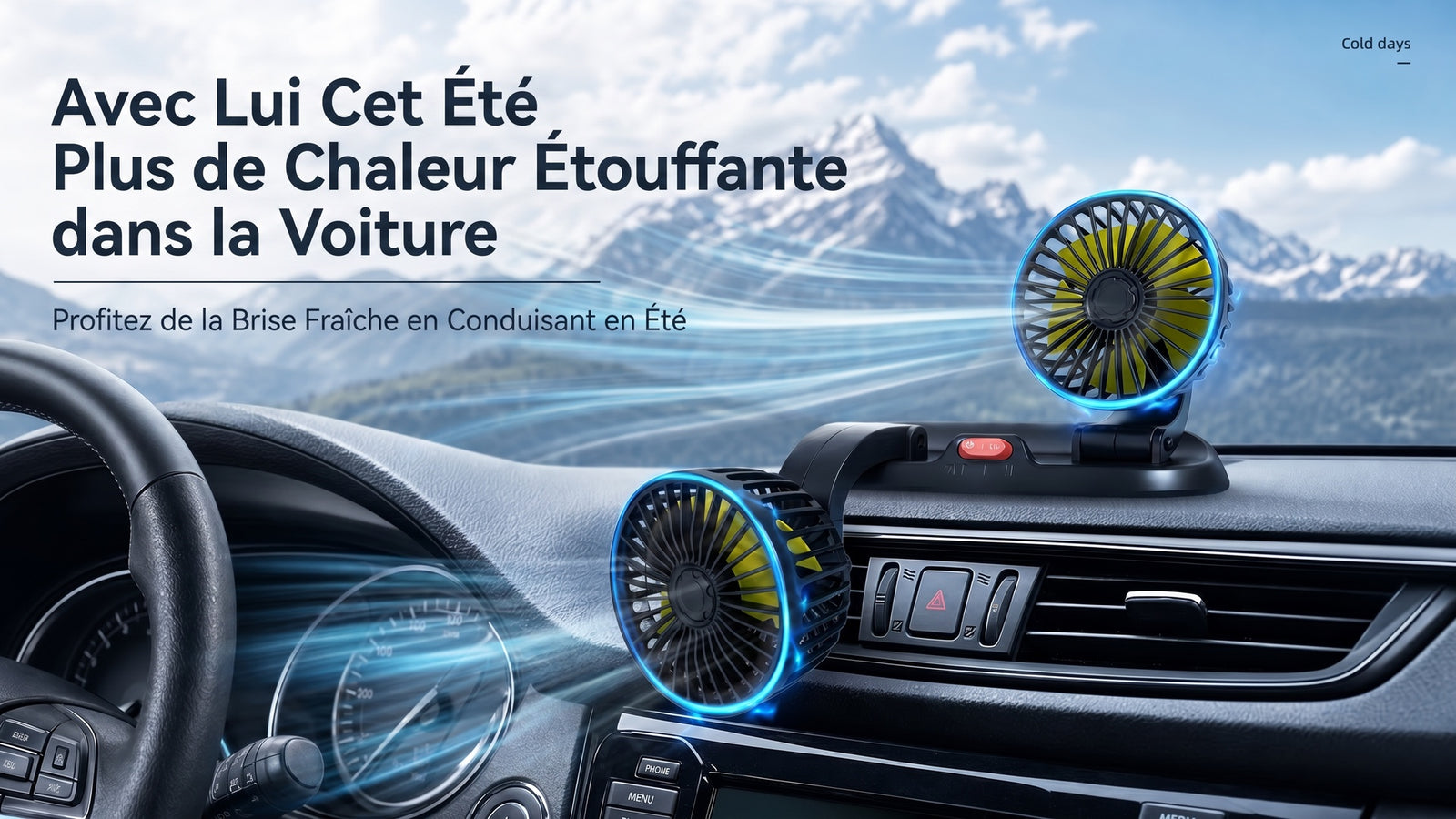 Ventilateur USB voiture silencieux refroidissement habitacle 360 - Detail scene voiture