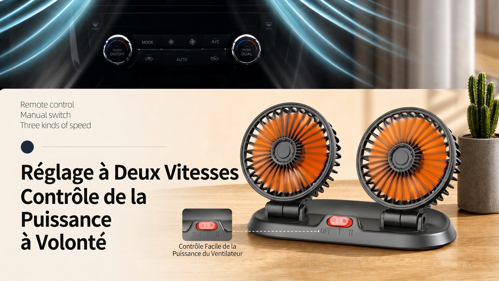 Ventilateur USB voiture silencieux refroidissement habitacle 360 - Detail deux vitesses