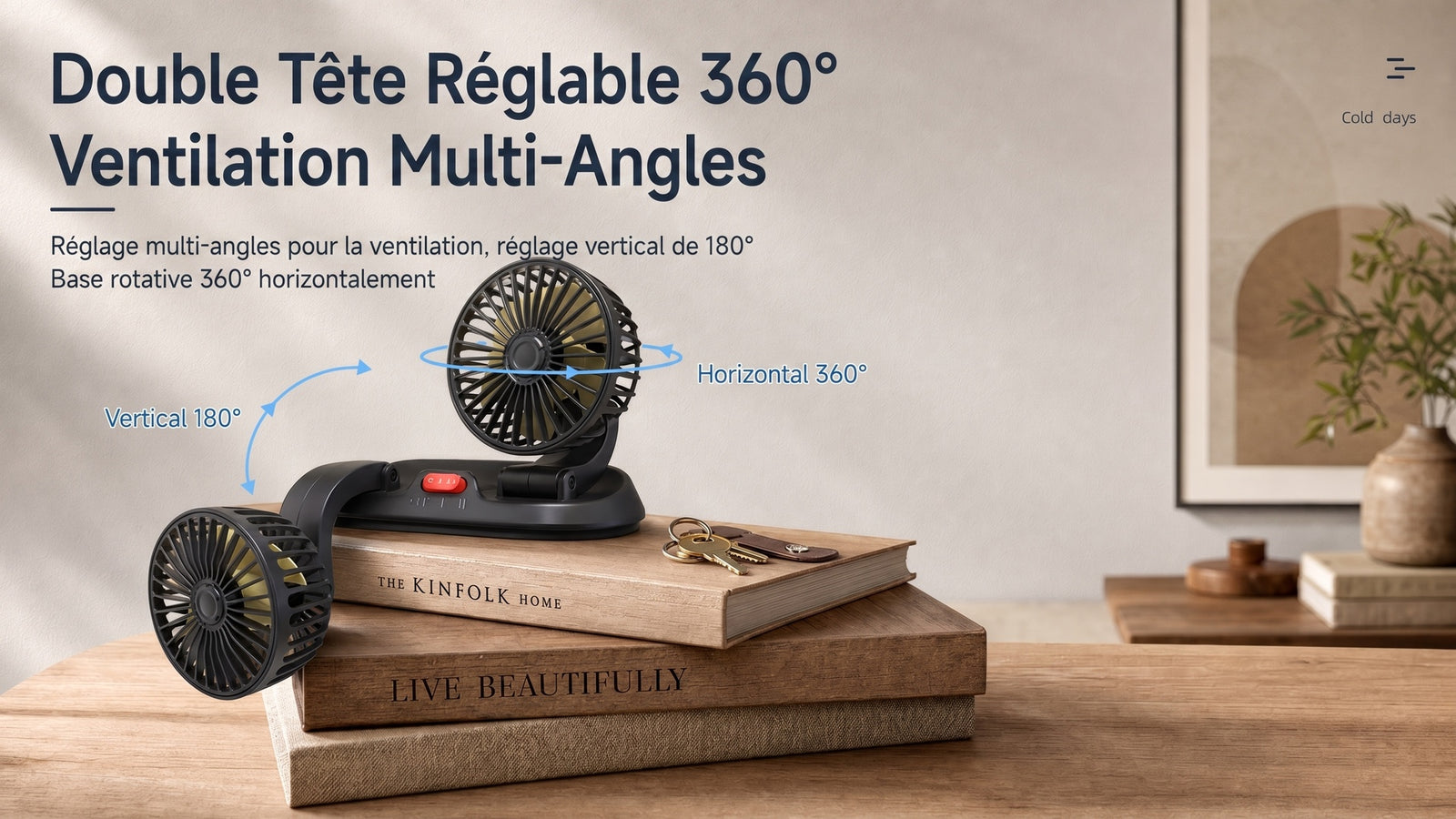 Ventilateur USB voiture silencieux refroidissement habitacle 360 - Detail reglage 360 degres