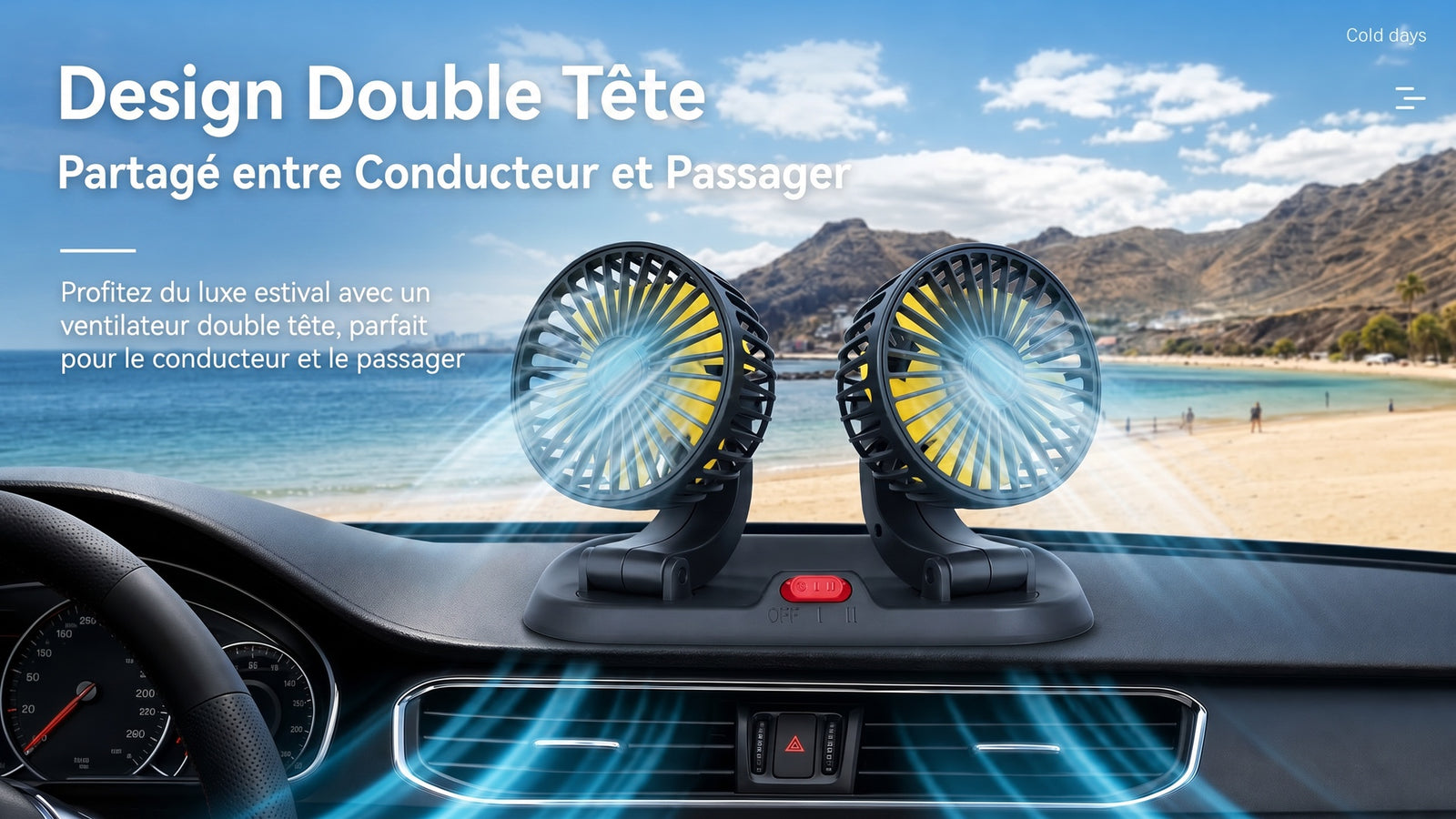 Ventilateur USB voiture silencieux refroidissement habitacle 360 - Detail design double tete