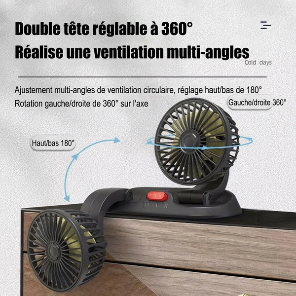Ventilateur USB voiture silencieux refroidissement habitacle 360 - Double tete reglable 360