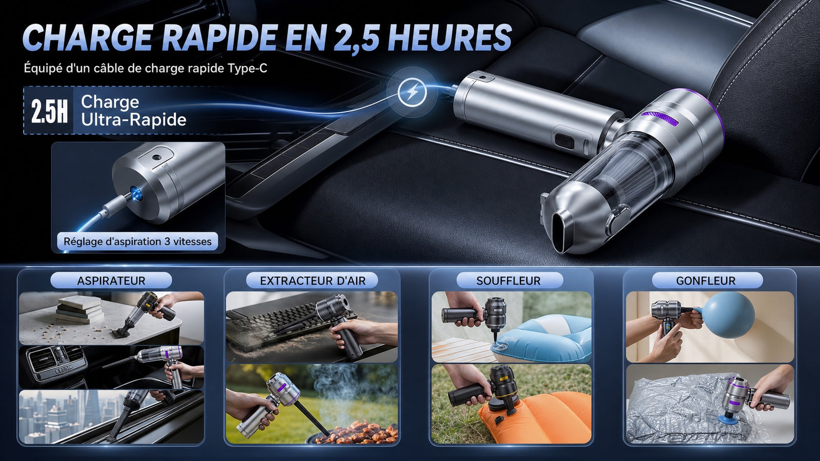 Aspirateur voiture sans fil souffle aspire 2 en 1 - Detail charge rapide multi fonction