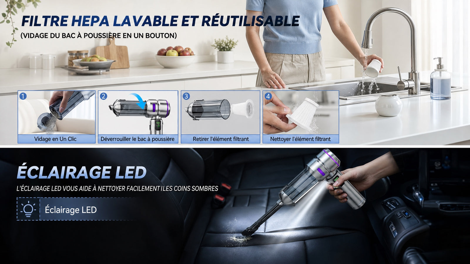 Aspirateur voiture sans fil souffle aspire 2 en 1 - Detail entretien eclairage LED