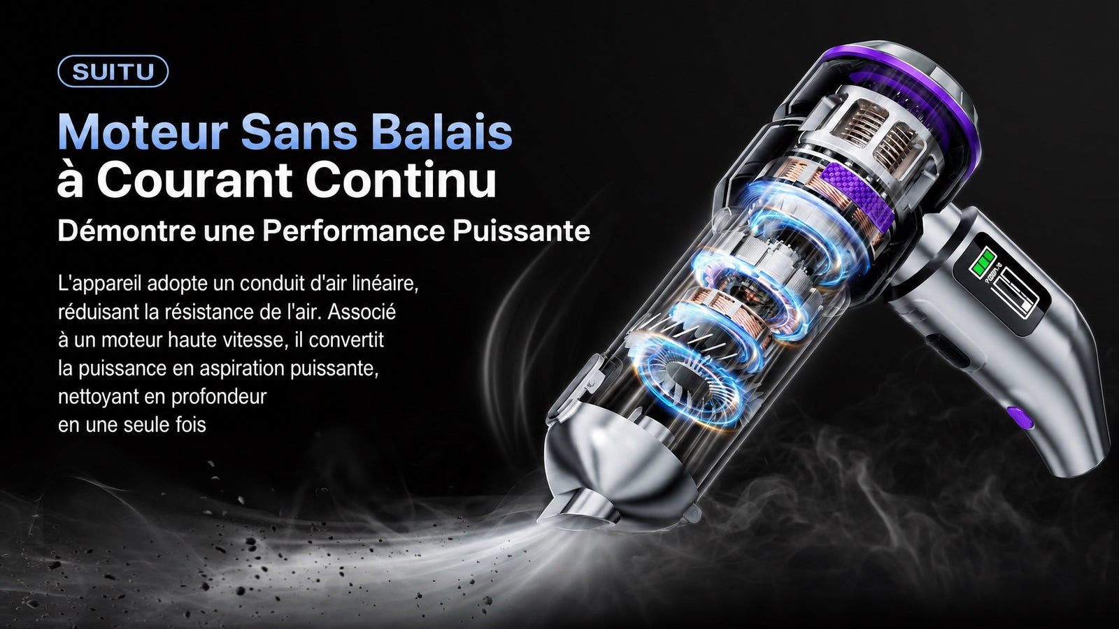 Aspirateur voiture sans fil souffle aspire 2 en 1 - Detail moteur sans balais