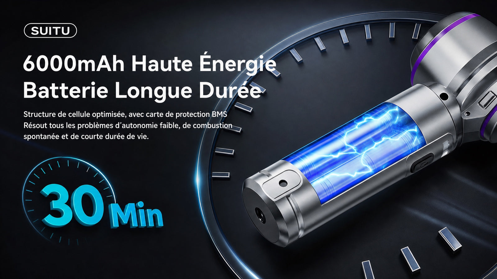 Aspirateur voiture sans fil souffle aspire 2 en 1 - Detail batterie longue autonomie 6000mAh