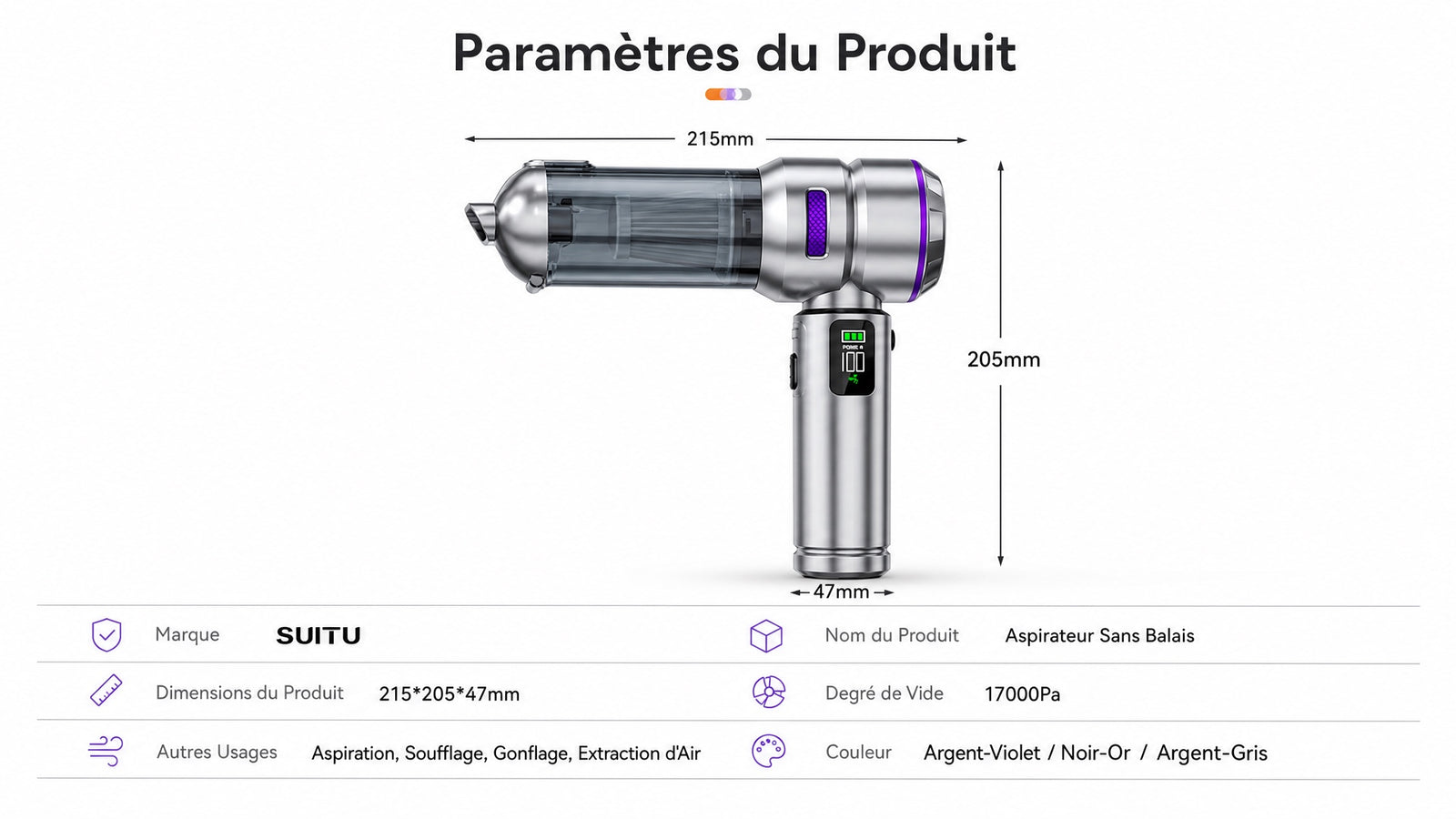 Aspirateur voiture sans fil souffle aspire 2 en 1 - Detail parametres produit