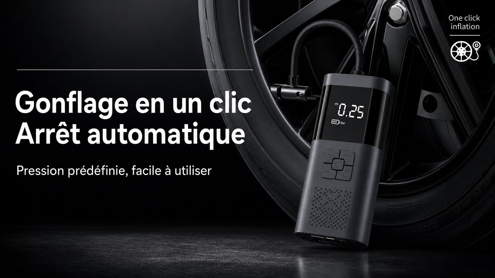 Booster batterie compresseur air 4 en 1 - Detail gonflage un bouton