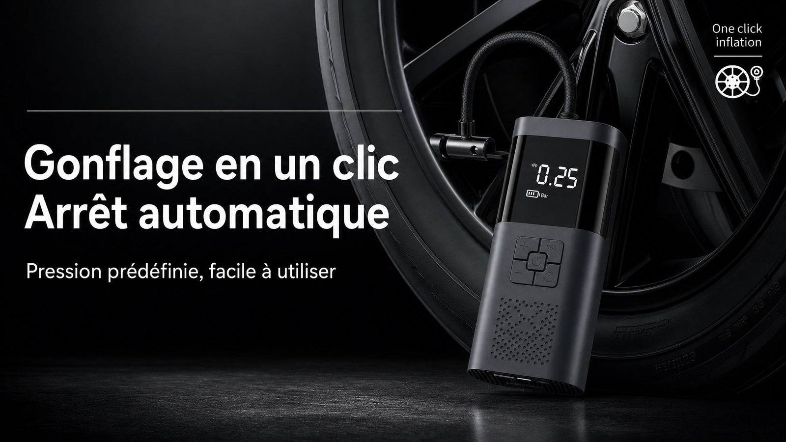 Pompe à pneus arrêt automatique pression préréglée