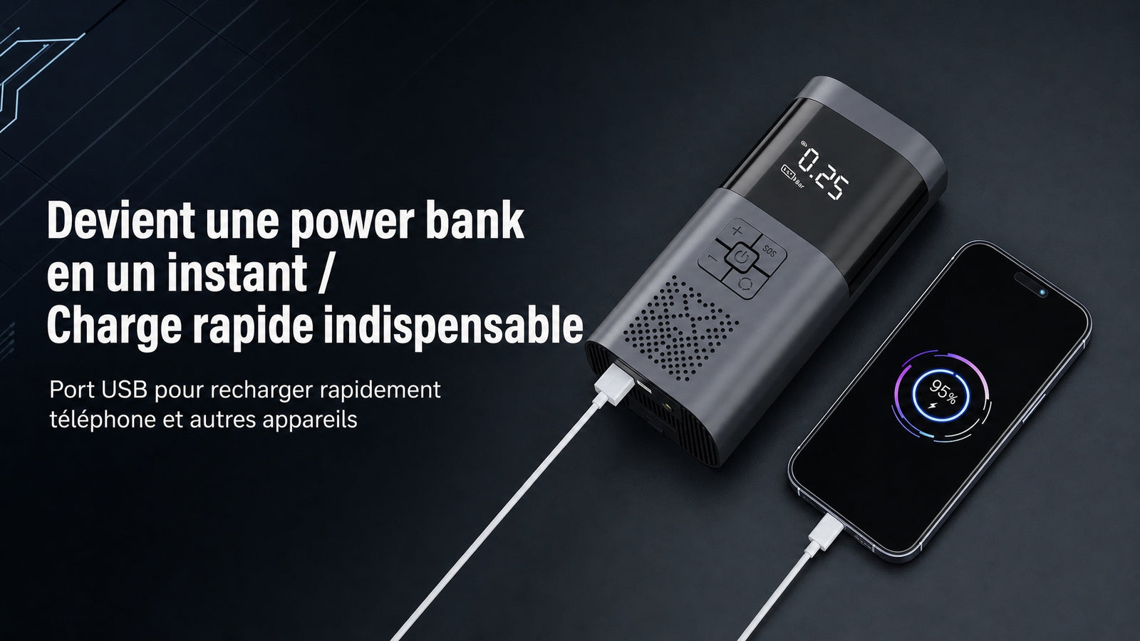 Booster batterie compresseur air 4 en 1 - Detail batterie externe