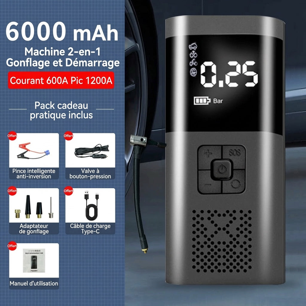 Booster batterie compresseur air 4 en 1 - Pack 6000 mAh demarrage gonflage