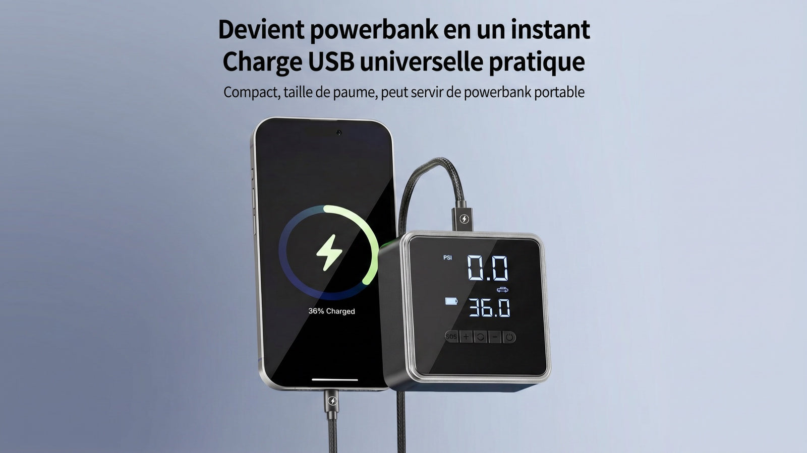 Compresseur air sans fil pneus gonfleur portable numerique - Detail multi modes