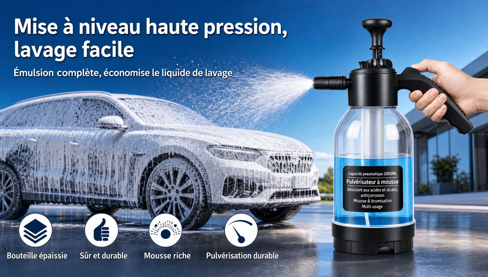 Pulverisateur mousse lavage voiture pression manuelle - Detail scene lavage