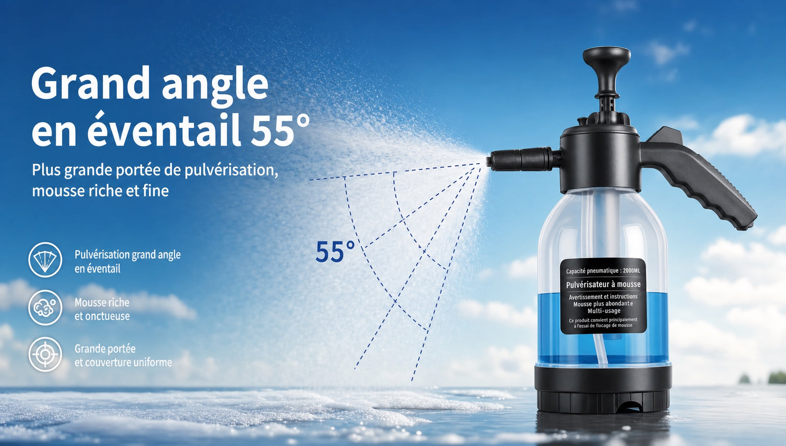 Pulverisateur mousse lavage voiture pression manuelle - Detail pulverisation grand angle 55 degres