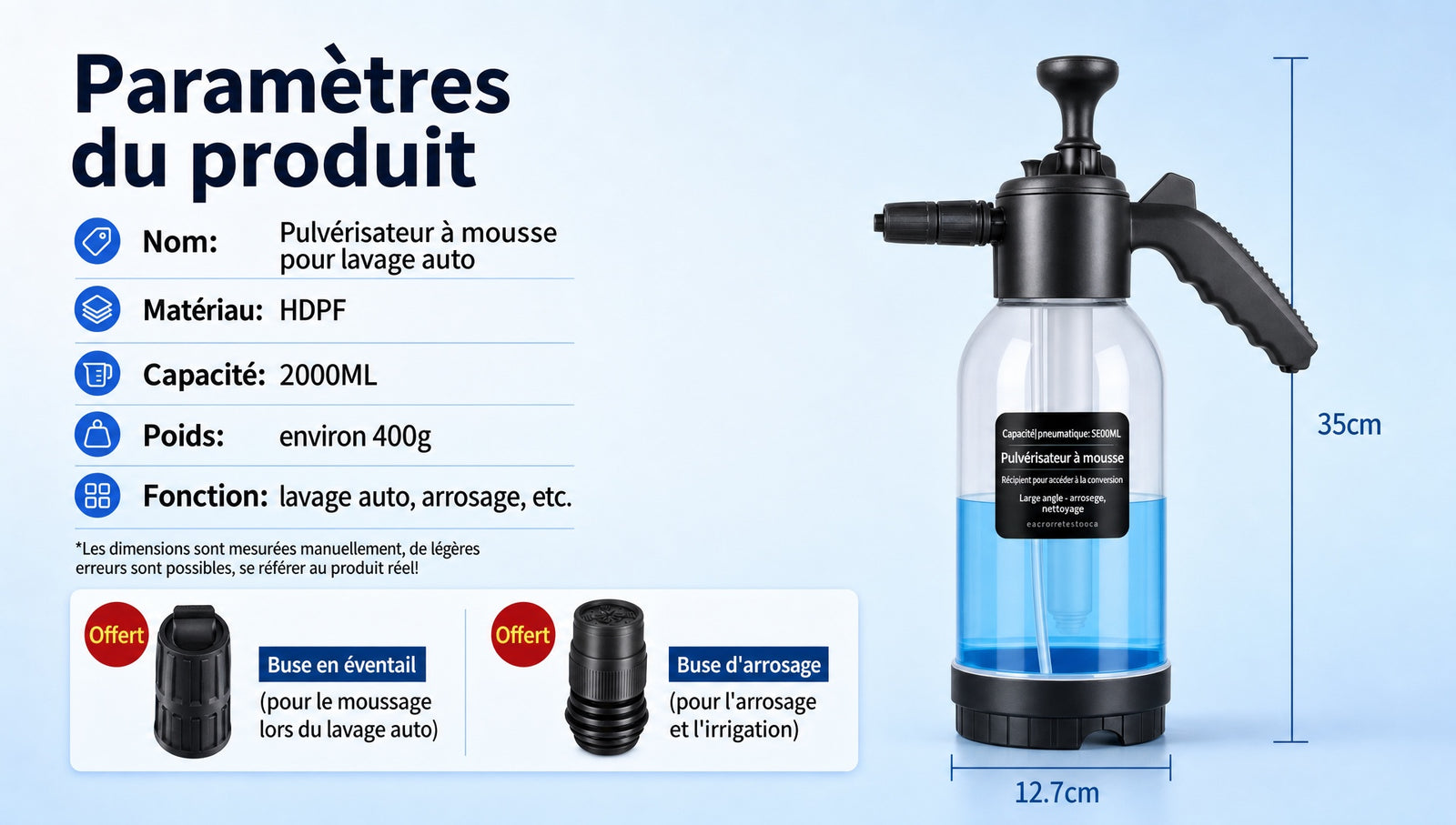 Pulverisateur mousse lavage voiture pression manuelle - Detail parametres produit