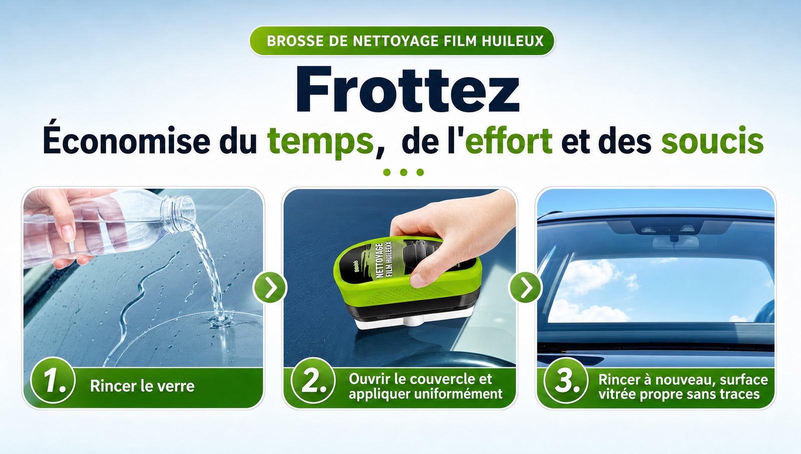 Brosse anti film gras pare brise OGAS - Detail etapes utilisation