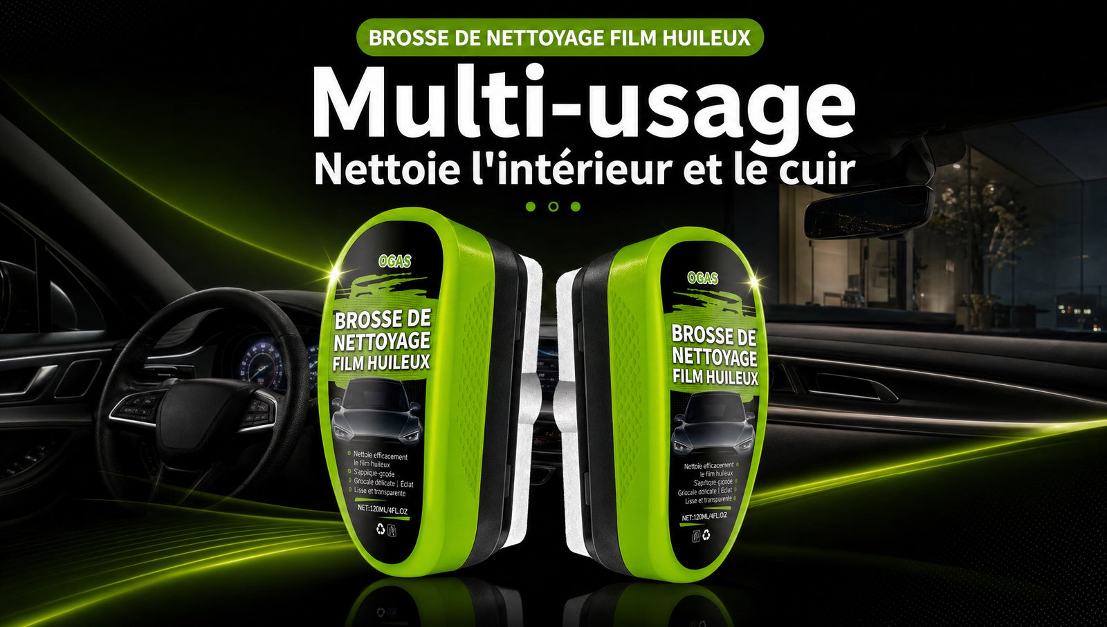 Brosse anti film gras pare brise OGAS - Detail usages multiples