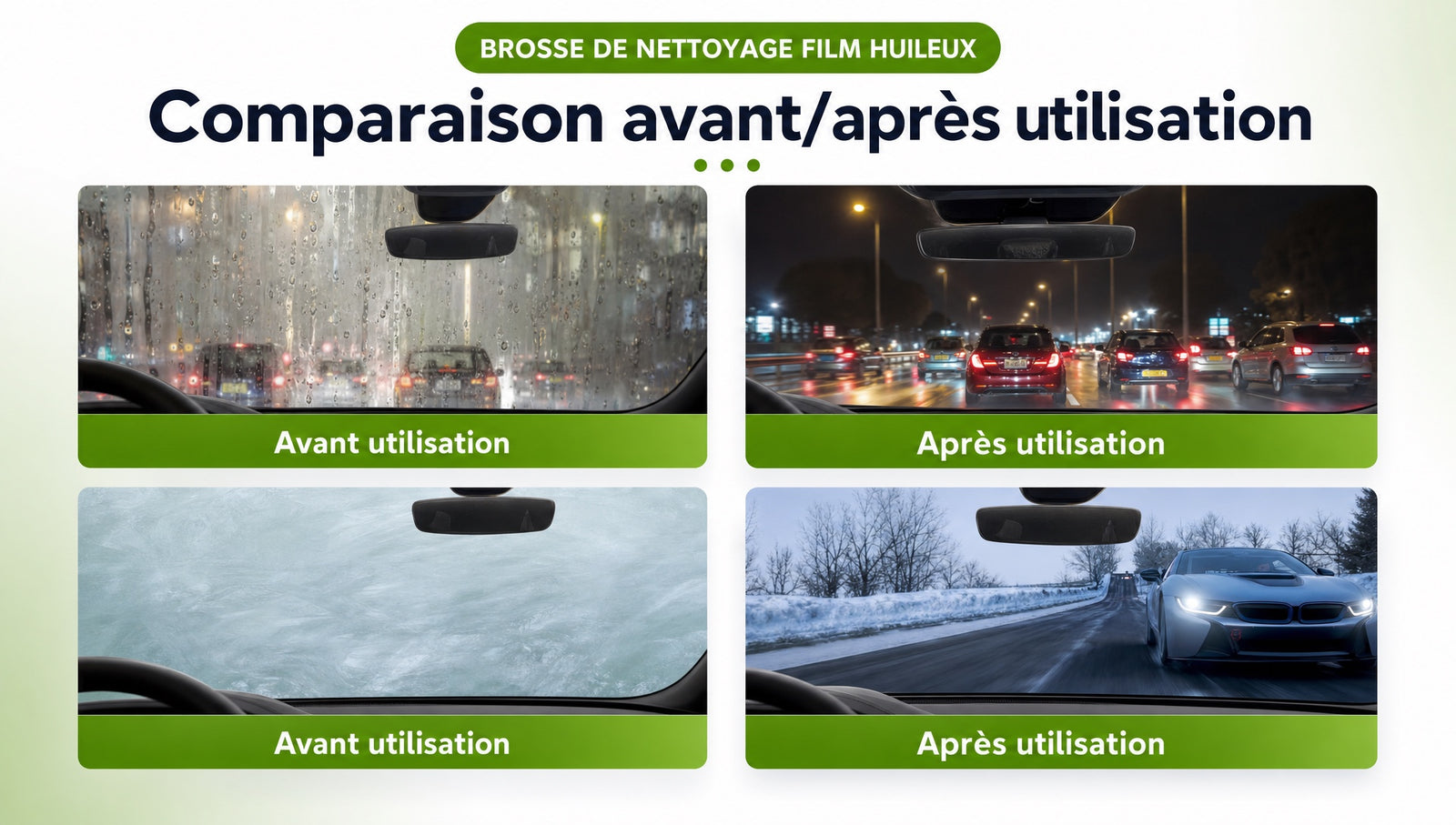 Brosse anti film gras pare brise OGAS - Detail avant apres