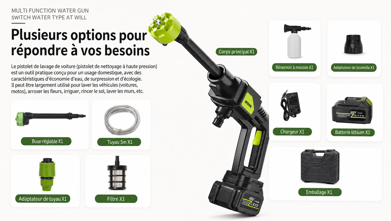 Nettoyeur pression sans fil - accessoires inclus