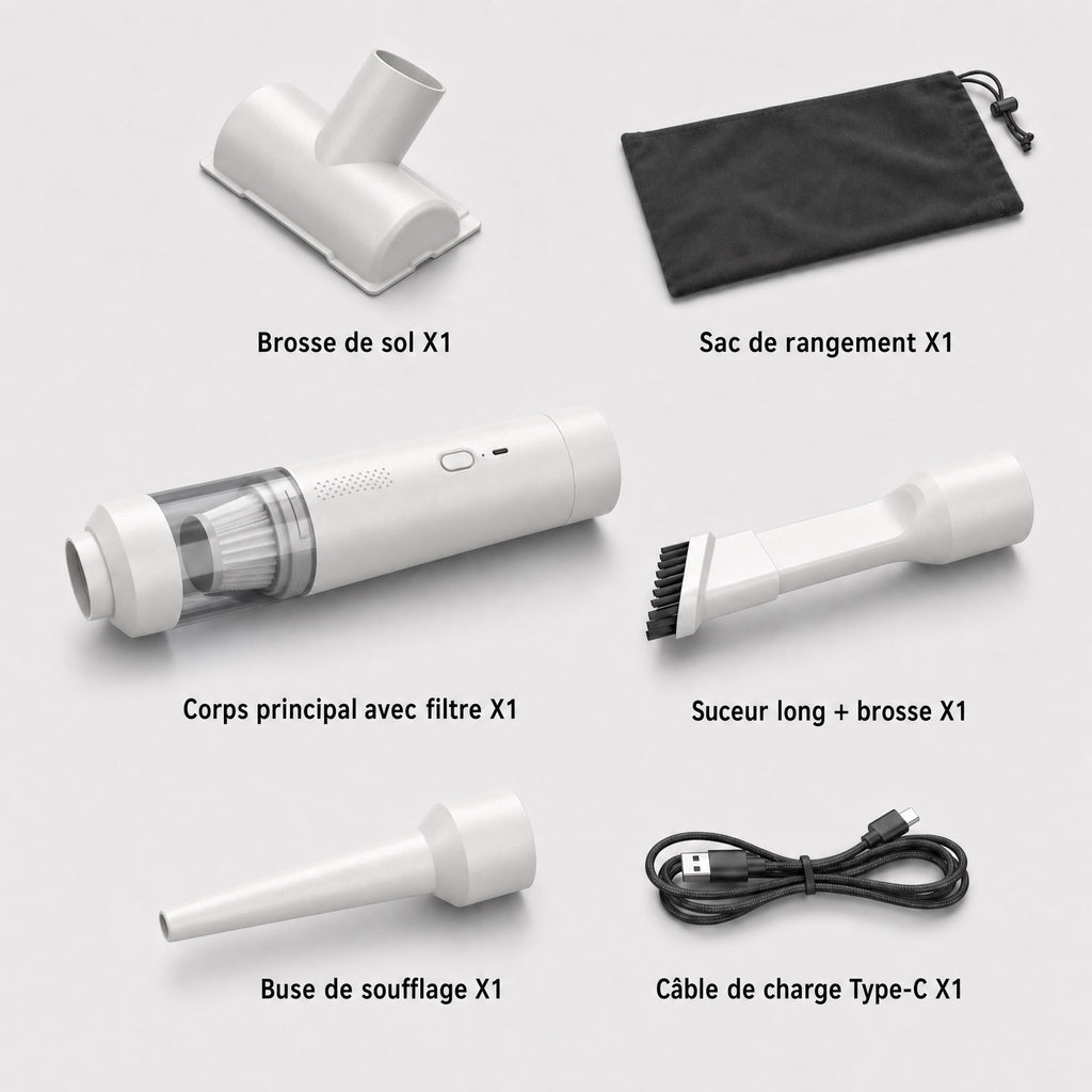 Pack avance aspirateur voiture sans fil blanc avec accessoires