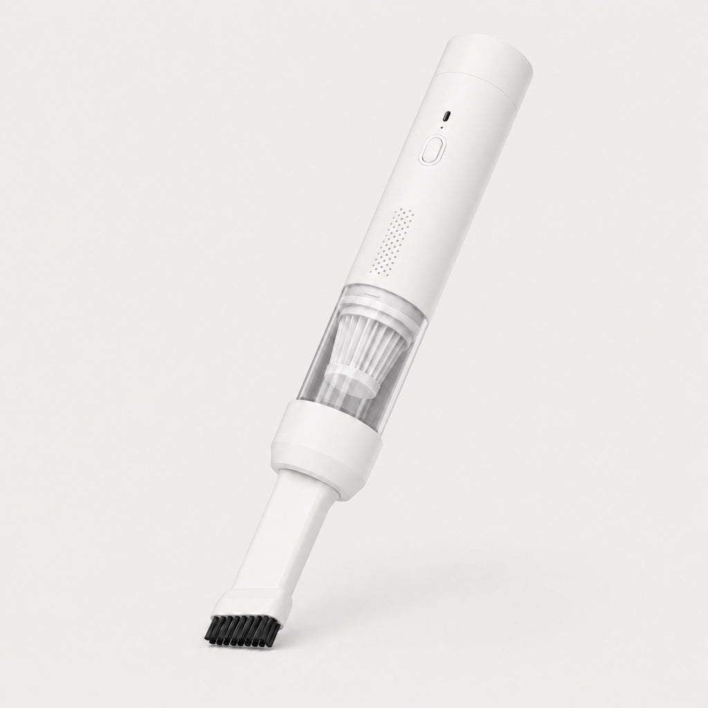 Aspirateur voiture sans fil blanc avec embout brosse