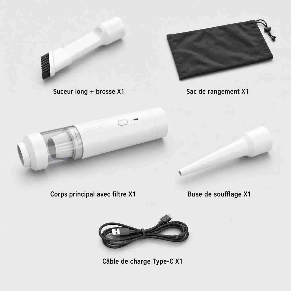 Pack aspirateur voiture sans fil blanc avec accessoires